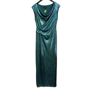 Connected Apparel Dress Womens 12 Green Metallic Satin Mermaid Print Maxi Drape